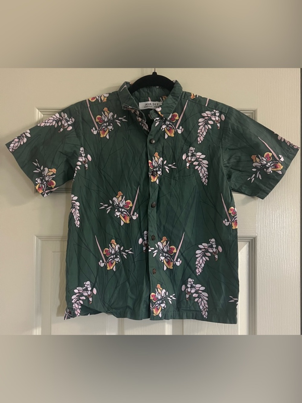 Ava Sky Green Floral Short Sleeve Button-Down Shirt with Pink & Yellow Accents